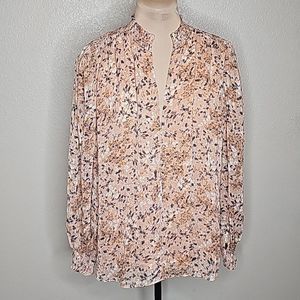 Antonio Melani Large Smocked Long Sleeve Floral Split neck top tan